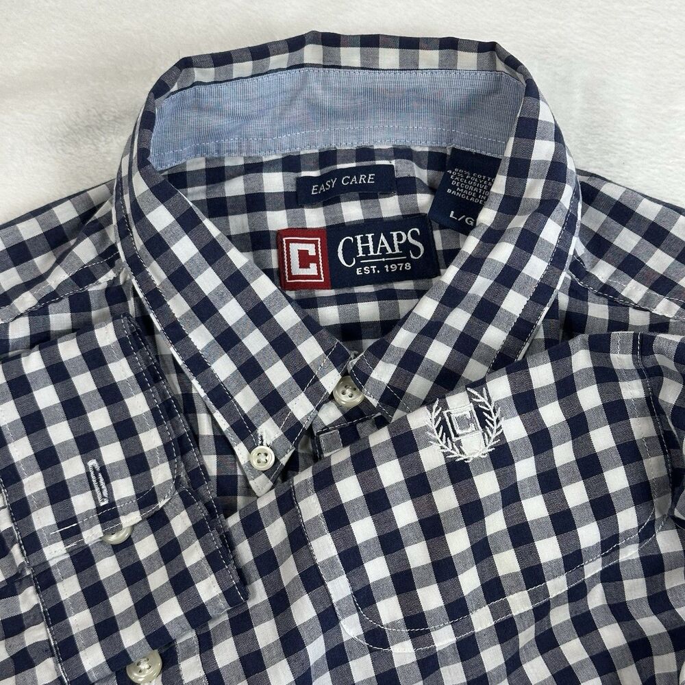 Chaps Mens Button Down Shirt Large Blue White Gingham Check Easy Care